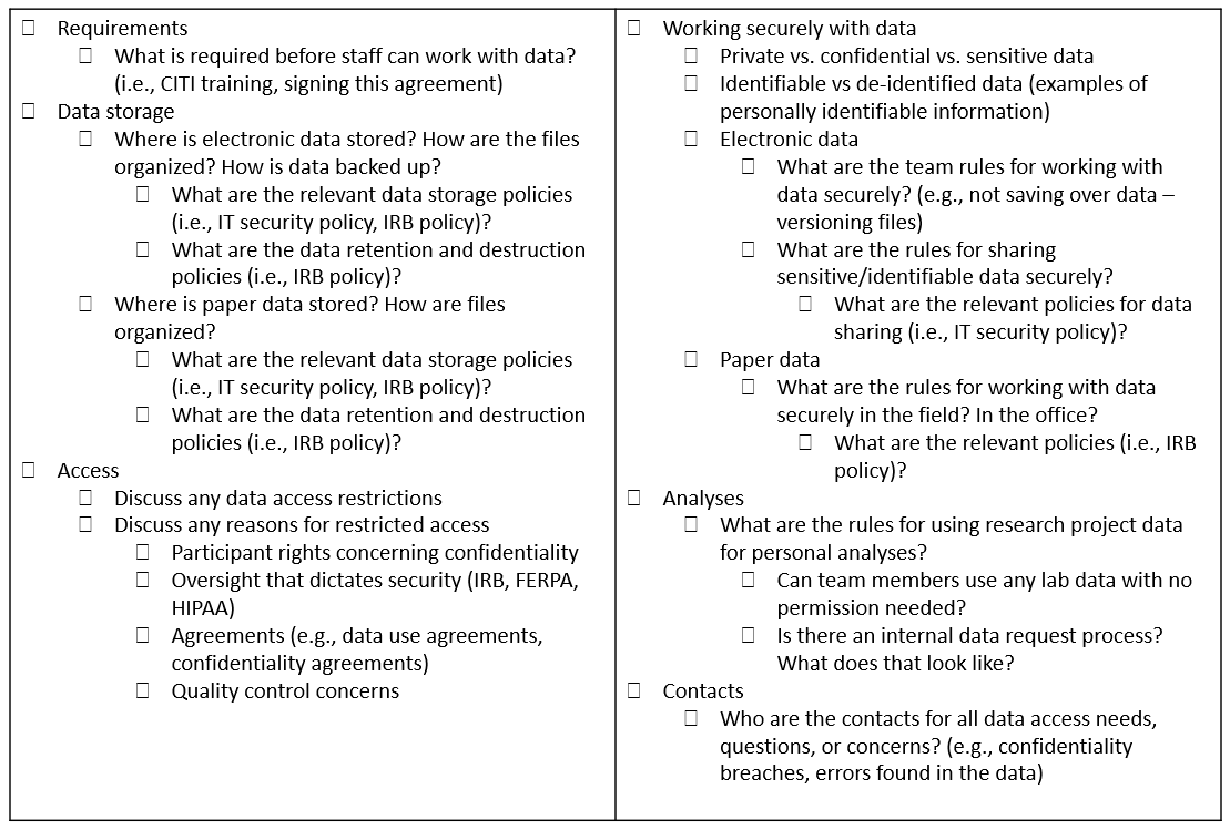 Example of content to include in an internal data use agreement