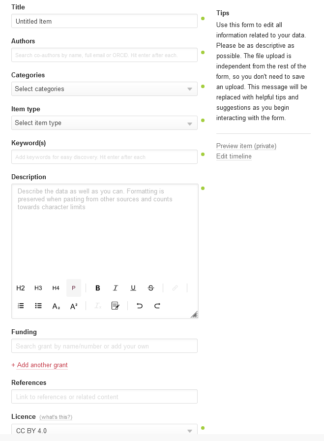 Example intake metadata form for figshare repository